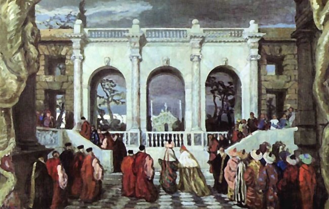 Сочинение по картине: Бенуа - "Венецианский праздник в 16 веке. Эскиз декорации для нереализованной постановки «Игр» Дебюсси"